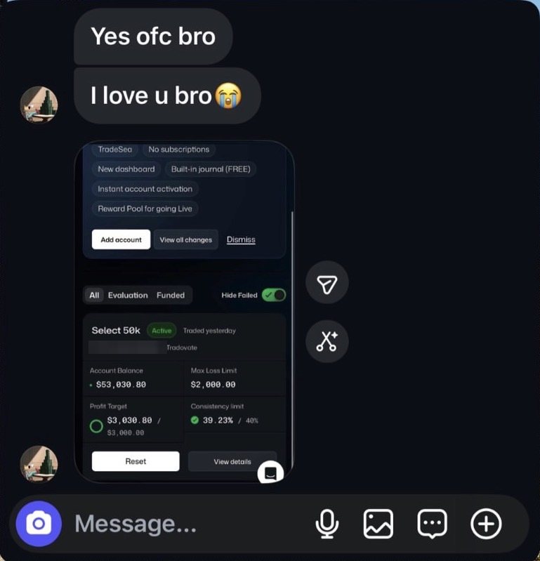 Direct message from Kryz with a passed 50K evaluation account.