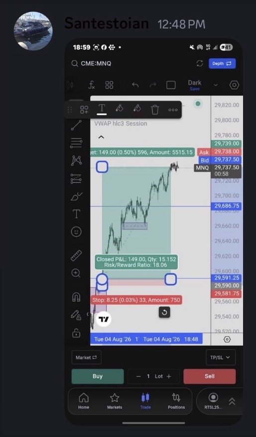 Discord message from Santestoian: an MNQ trade closed at 18 to 1 risk reward.